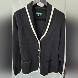 NWT Ralph Lauren Black Women's Knit Blazer/Cardigan Black with White Trim
